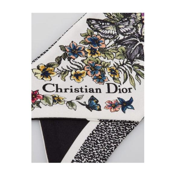 Christian Dior White Black Multicolor Silk Millefiori Mitzah Twilly Scarf - Picture 3 of 4